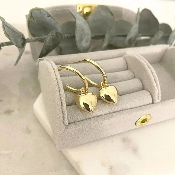 925 Sterling Silver Chunky Heart Hoop Earrings Dangle Heart Huggies - Picture 6 of 9